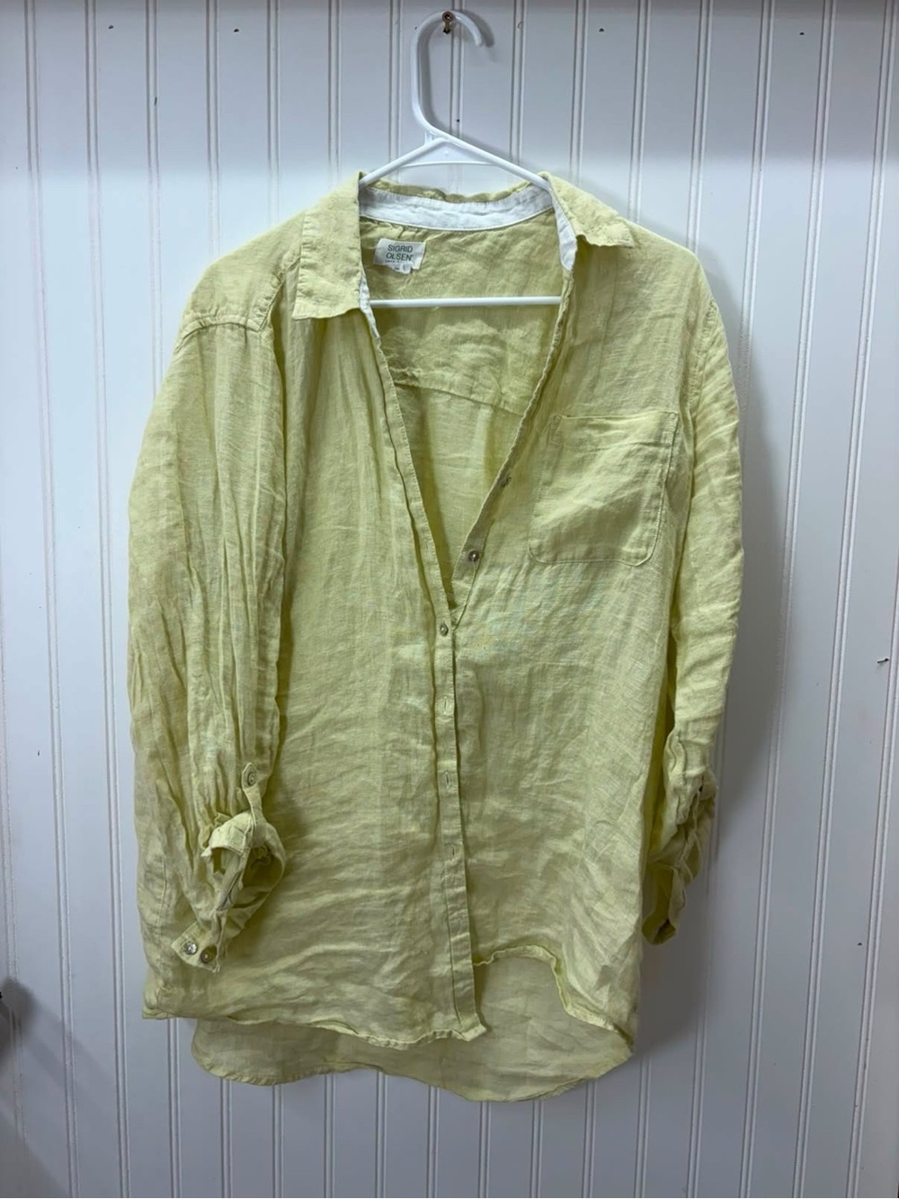 Sigrid Olsen Pale pastel yellow coastal beach Linen Button-Down Shirt - Picture 2 of 9